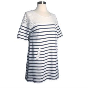 Anthropologie POSTMARK Eyelet Cotton Top Size S Pockets Stripes Nautical Tunic